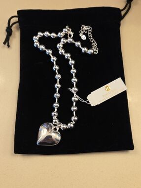New Sterling Silver Heart Pendant Bead Necklace - Polished Silver